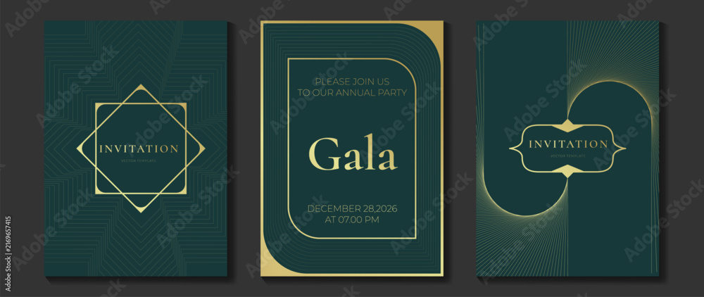 Naklejka premium Luxury invitation templates set. Vector dark green and gold elegant frames with geometric lines and ornamental borders for gala events, wedding cards, formal parties and premium stationery