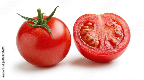 Tomate rouge entière et coupée en deux sur fond blanc isolé