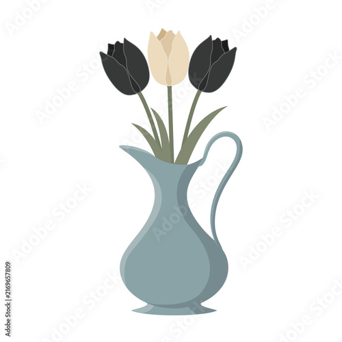 Pistachio green pitcher with three black and white tulips isolated on white, vector illustration