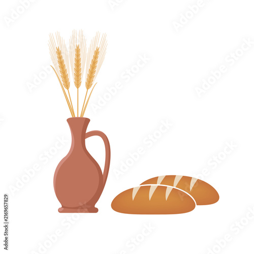 Clay pitcher with ripe wheat stalk and two loaves of bread isolated on white, vector illustration