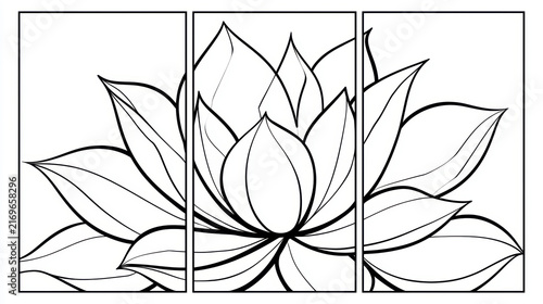 Lotus flower line art triptych, black outline botanical illustration for coloring page, minimal floral wall decor with calm mood