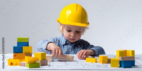Young child wearing yellow hard hat plays with colorful wooden blocks on architectural blueprint.
