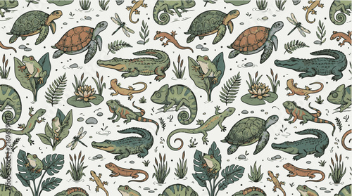 Vintage reptile and amphibian seamless pattern, hand-drawn exotic wildlife vector illustration, jungle animal background for textiles and decor