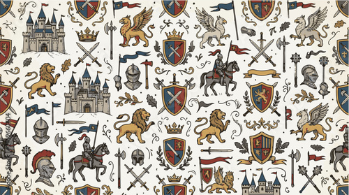 Medieval seamless pattern with knight castle dragon shield in red blue gold