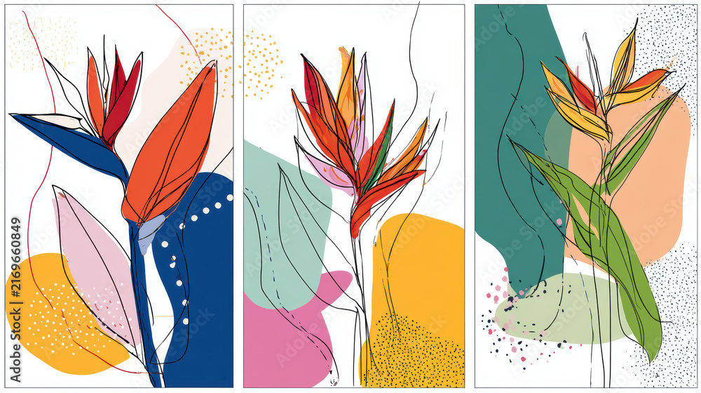 Fototapeta premium Bird of paradise tropical flower floral illustration botanical art abstract background modern wall art, colorful triptych floral illustration with