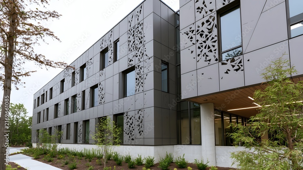 Naklejka premium Modern building with patterned metal panels and large surrounded by trees and landscaped grounds