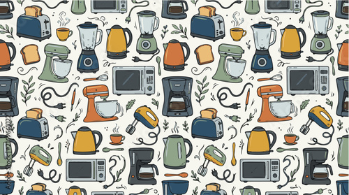 Seamless kitchen appliances pattern with blenders and toasters in retro colors