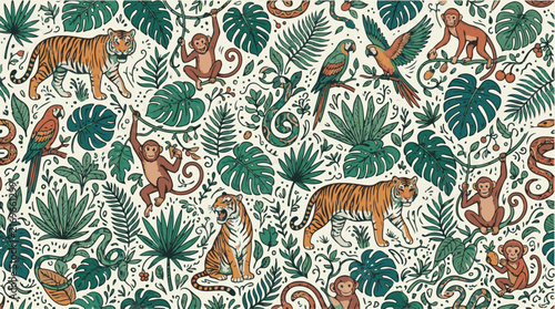 Jungle animal pattern, vibrant tropical wildlife vector illustration, exotic rainforest flora and fauna, seamless safari design for textiles and decor.