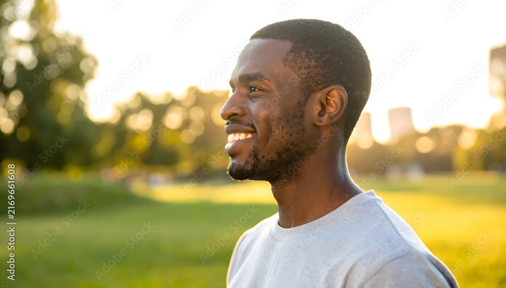 Fototapeta premium Smiling young African American man enjoying a sunny day outdoors in a green park