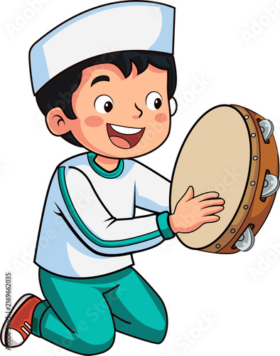 Happy Muslim Boy Playing Tambourine Frame Drum (Rebana) Vector Illustration
