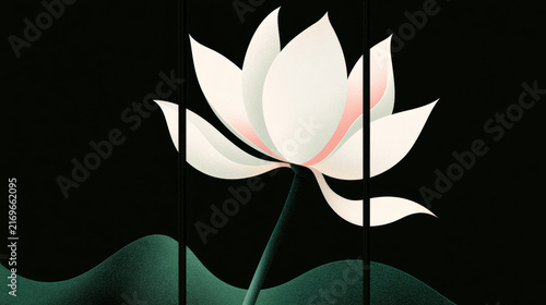 White lotus flower minimalist art floral illustration white petal dark background tranquil mood modern design elegant bloom, gentle lotus blossom