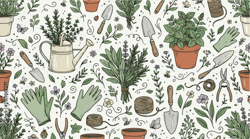 Herbal garden seamless pattern, hand-drawn vector illustration of potted herbs and gardening tools, rustic botanical background for textile and packaging design