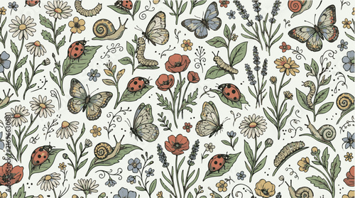 Vintage nature pattern, hand-drawn botanical seamless vector, whimsical garden insects and wildflowers, rustic spring summer background for textiles and packaging