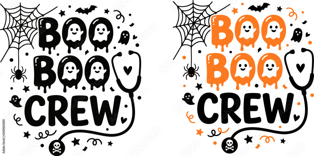 Obraz premium Boo crew halloween design with spooky ghosts and cobwebs in black and orange versions