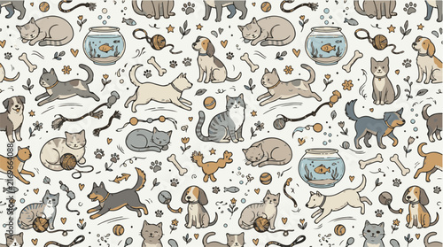 Charming pet doodle pattern, playful hand-drawn cats and dogs, seamless vector illustration for textile design, wrapping paper, or children's products