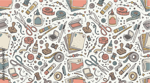 Seamless craft table pattern with scissors and tape in pastel colors