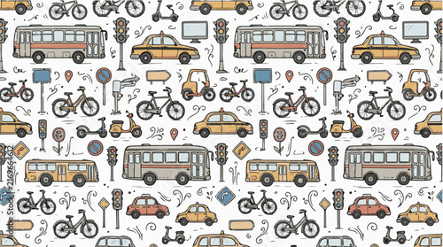 Seamless city transport doodle pattern with buses and taxis