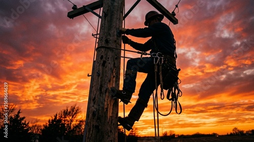 Lineman Climbing Utility Pole at Sunset