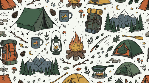 Seamless camping nature doodle pattern with tents and mountains in green.