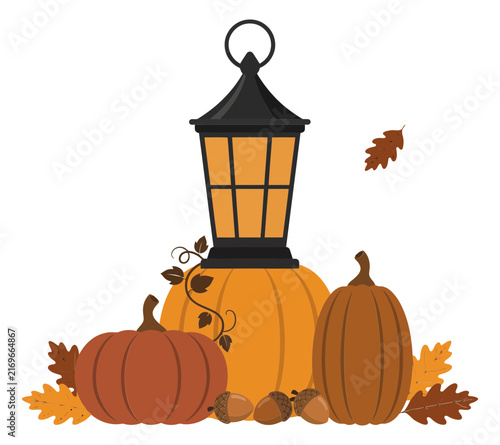 Autumn lantern with pumpkins and oak leaves on a white background vector illustration