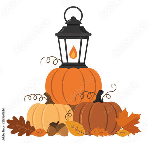 Autumn harvest scene with pumpkins oak leaves acorns and a lantern vector illustration for seasonal decor