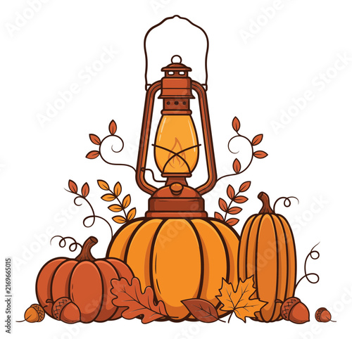 Autumnal harvest lantern with pumpkins and oak leaves during fall harvest season vector illustration