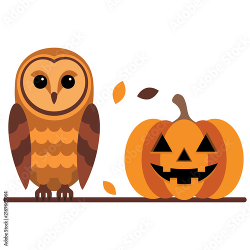 Barn Owl with Jack-o'-lantern during Autumn in Flat Design