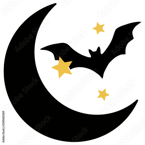 Bat flying across crescent moon with stars in night sky vector illustration