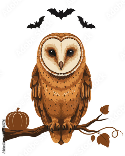 Barn owl perched on branch with pumpkin and bats during Halloween night vector illustration