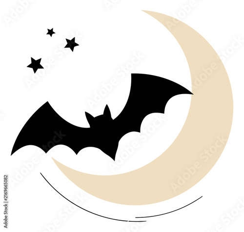 Bat flying against a crescent moon with stars in a minimalist vector style