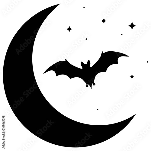 Bat flying against a crescent moon with stars in a nighttime sky vector illustration