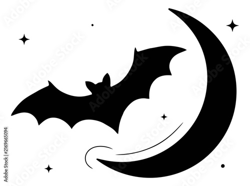 Bat flying against crescent moon during night with stars vector illustration