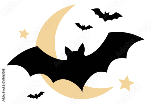 Bats flying around a crescent moon with stars during Halloween night Vector Illustration