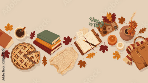 Cozy autumn flat lay with coffee books and bag – Ideal for fall travel promotions, lifestyle marketing, or seasonal social media content.