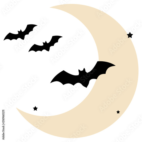 Bats flying in crescent moon during night with stars vector illustration concept