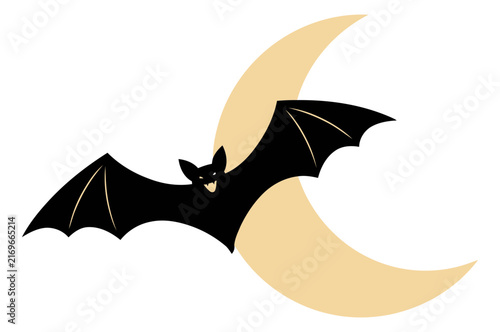 Black bat flying against a crescent moon in a night sky vector illustration
