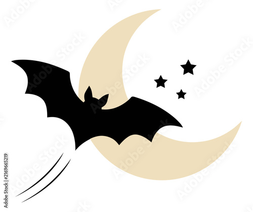 Black Bat Flying In A Crescent Moon Night Sky With Stars Vector Illustration