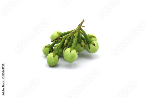 Freshly picked green cluster eggplants isolated on white.