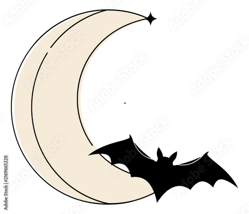 Bat silhouette in crescent moon at night with star Vector Illustration