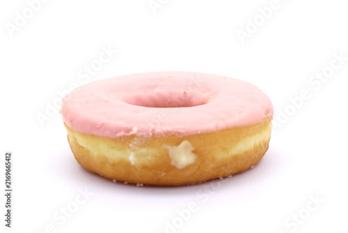 pink frosted donut resembles featuring a smooth icing without sprinkles.