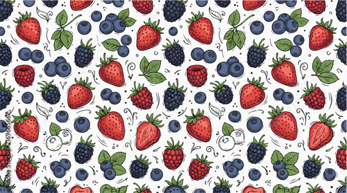 Seamless summer berry pattern with strawberries and blueberries in red and blue.
