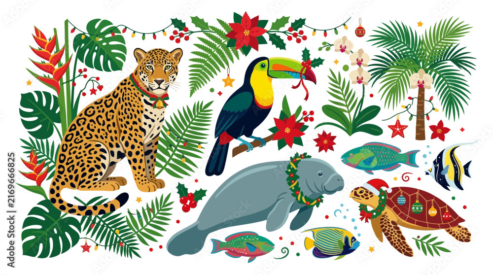 Obraz premium Tropical Christmas Animals: Jaguar, Toucan, Manatee, Turtle, Fish with Festive Decorations