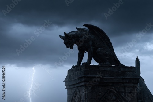 Naklejka Stone gargoyle perched on gothic building under stormy sky