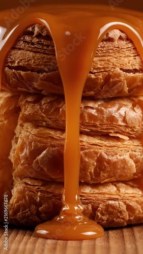 Honey dripping onto a stack of pastries.