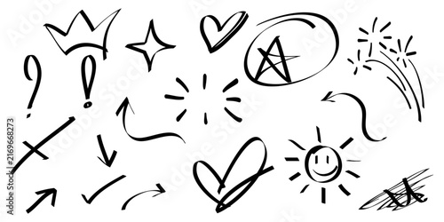 Hand drawn set of doodle emphasis elements. sparkling, crown, star, love, arrow. isolated on white background. vector illustration