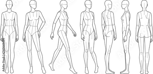 Female fashion croquis template set showing figures from front side back and three quarter views