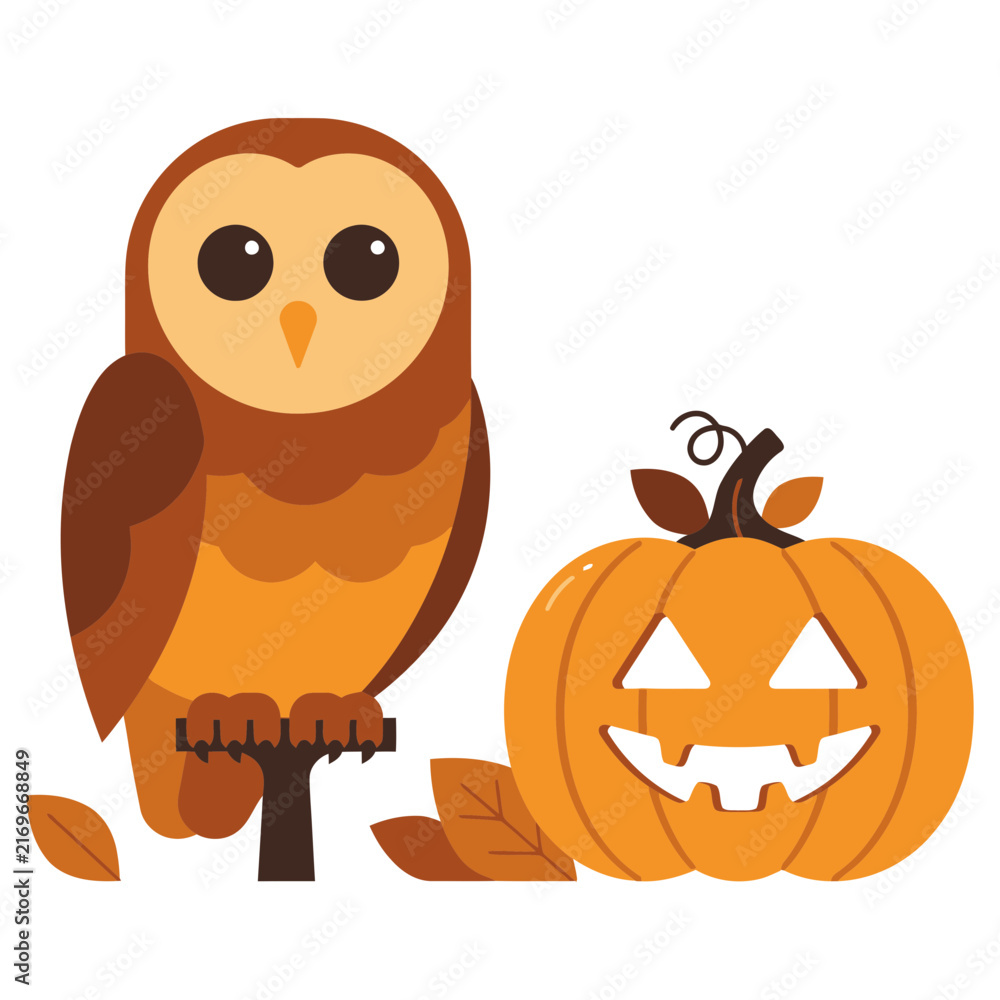 Obraz premium Cute owl perched beside carved pumpkin during autumn season flat design vector illustration