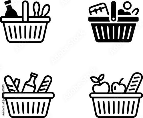 Grocery Shopping Basket Icon Set with Food Items Outline and Silhouette Vector Collection