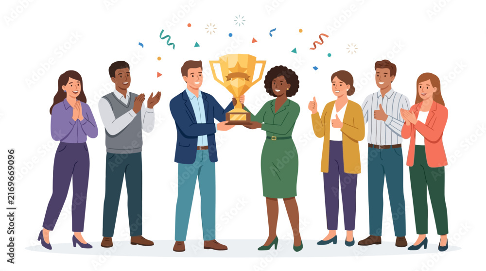 Obraz premium Team Celebrates Winning Trophy, Receiving Award with Confetti