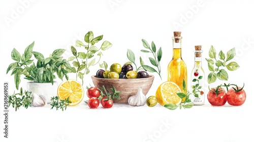 Fresh Herbs and Colorful Vegetables with Olive Oil and Lemons on White Background